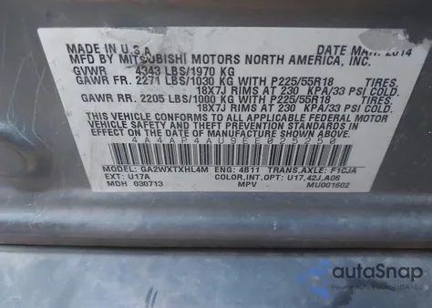 2014 Mitsubishi Outlander Sport Se z USA, uszkodzony, nr VIN 4A4AP4AU9EE025250